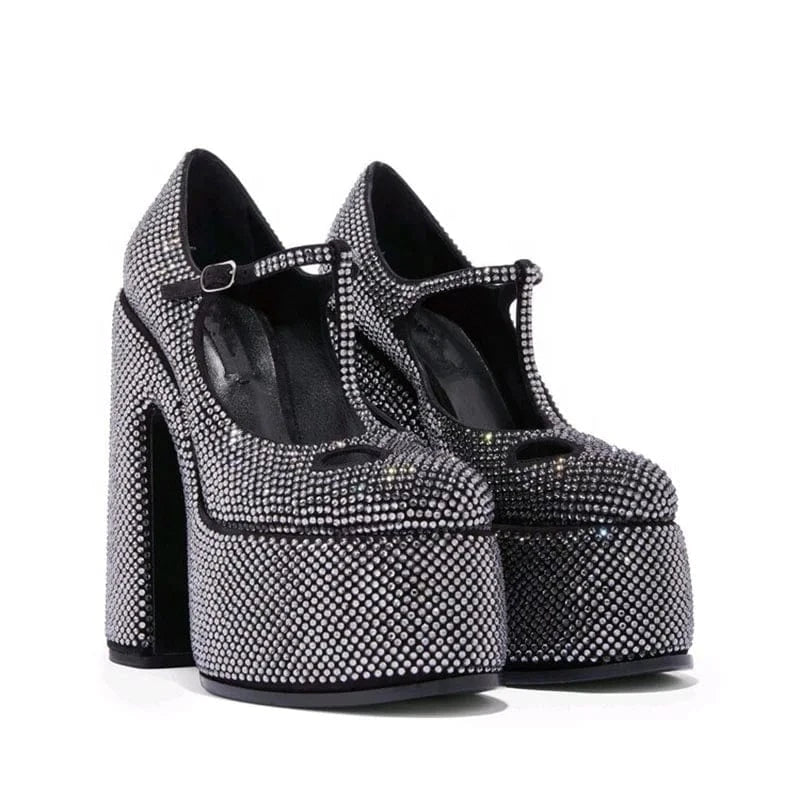 Full Diamonds Women Super High Platform Shoes Chunky Heels T-strap Sandals Round Toe Shiny Rhinestone Pumps
