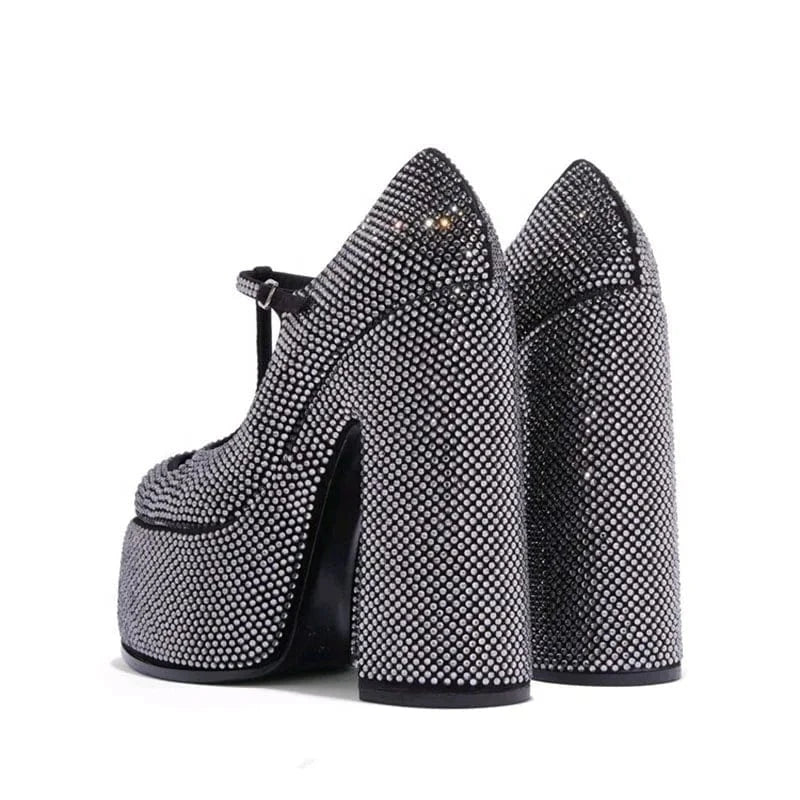 Full Diamonds Women Super High Platform Shoes Chunky Heels T-strap Sandals Round Toe Shiny Rhinestone Pumps