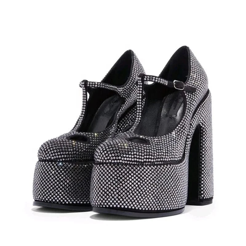 Full Diamonds Women Super High Platform Shoes Chunky Heels T-strap Sandals Round Toe Shiny Rhinestone Pumps