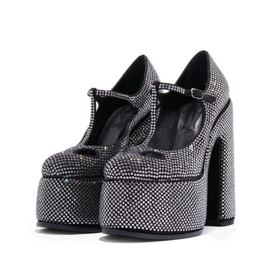 Full Diamonds Women Super High Platform Shoes Chunky Heels T-strap Sandals Round Toe Shiny Rhinestone Pumps