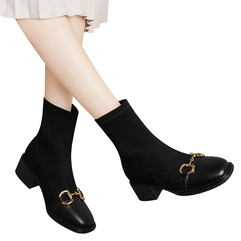 full grain cow genuine leather Square toe socks boots with square heels women boots