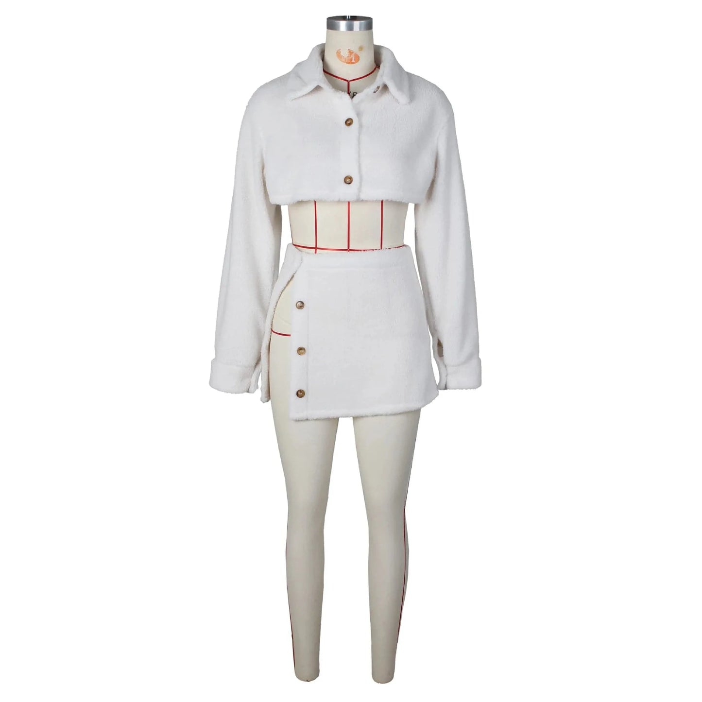 G0635 2024 Fleece Crop Top Two Piece Set Fall Women's Clothing Turndown Collar Tops And Split Skirt Set