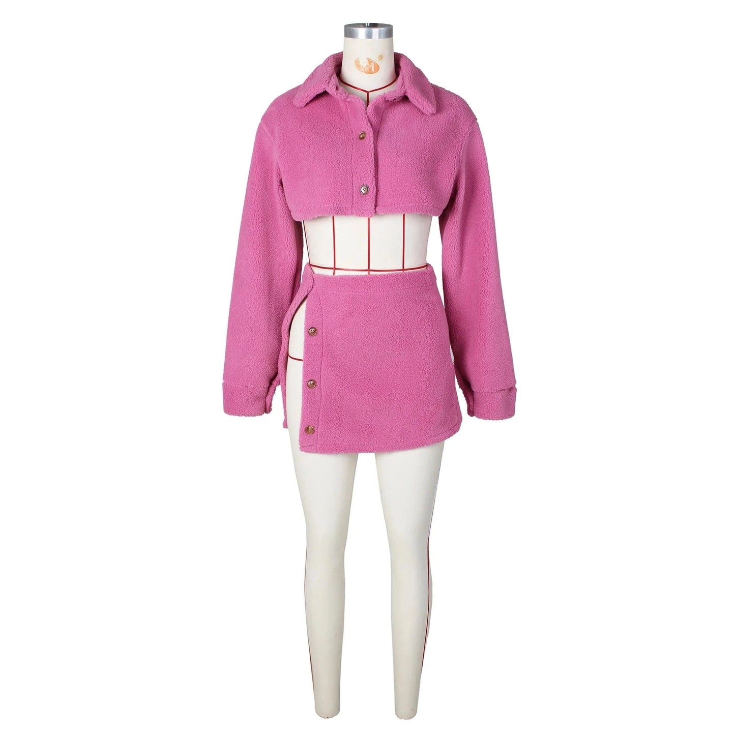 G0635 2024 Fleece Crop Top Two Piece Set Fall Women's Clothing Turndown Collar Tops And Split Skirt Set