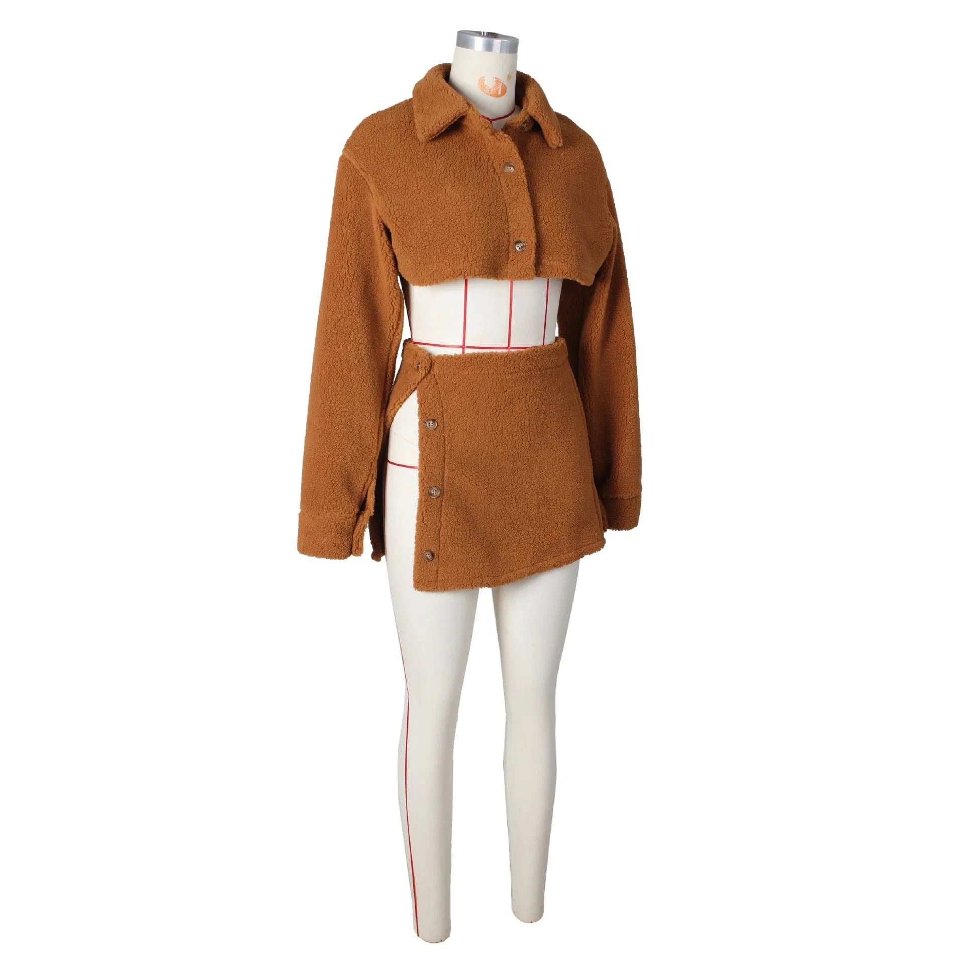 G0635 2024 Fleece Crop Top Two Piece Set Fall Women's Clothing Turndown Collar Tops And Split Skirt Set