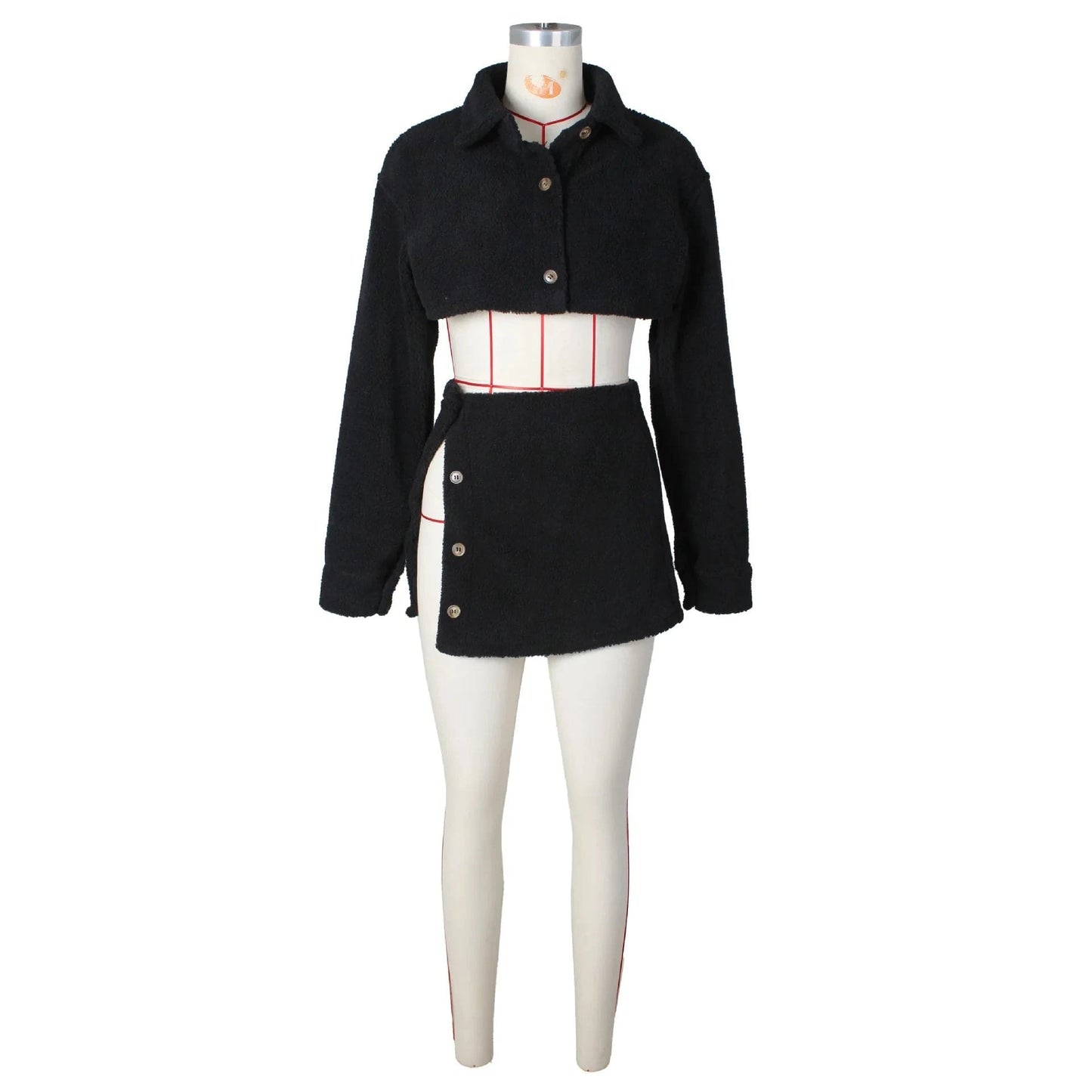 G0635 2024 Fleece Crop Top Two Piece Set Fall Women's Clothing Turndown Collar Tops And Split Skirt Set