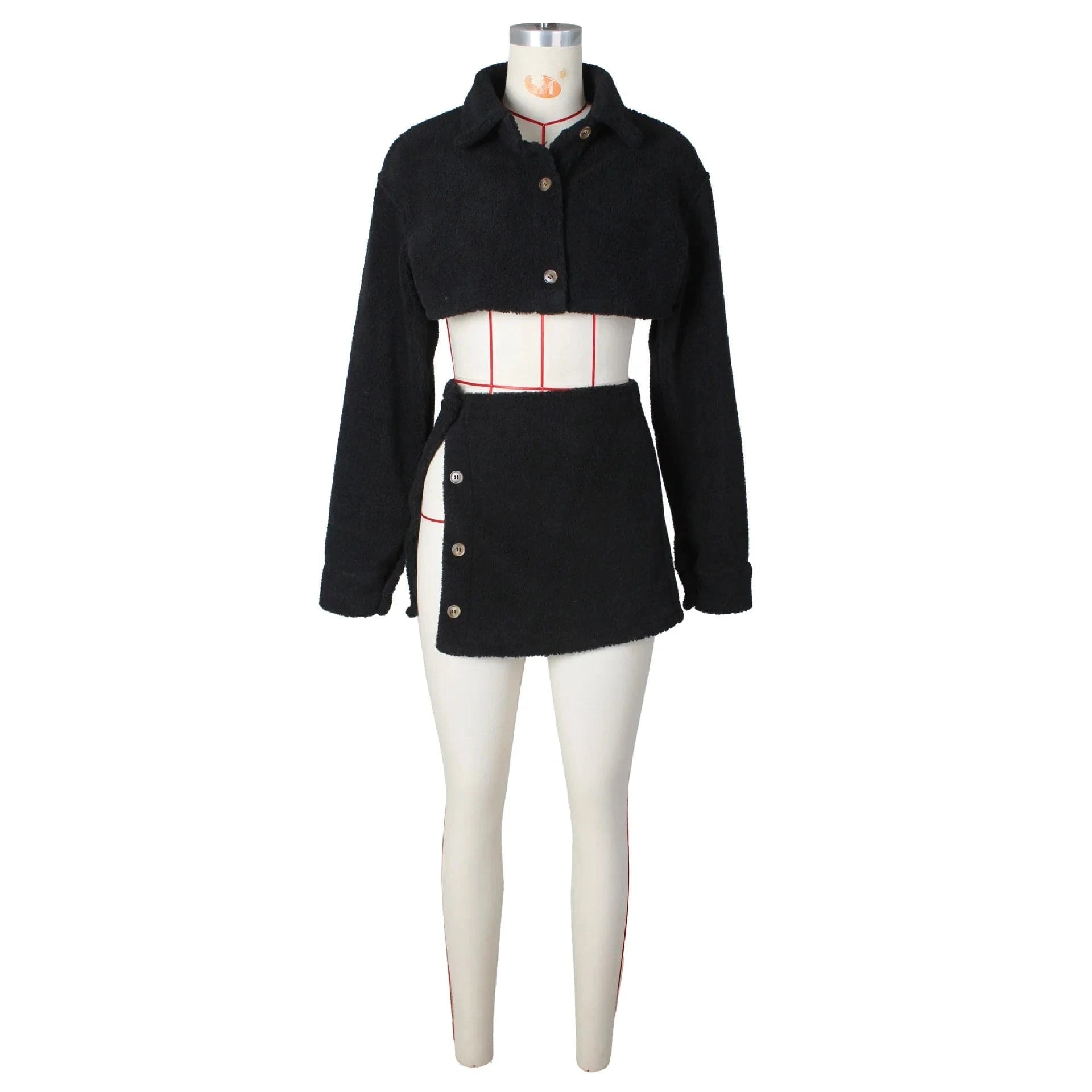 G0635 2024 Fleece Crop Top Two Piece Set Fall Women's Clothing Turndown Collar Tops And Split Skirt Set