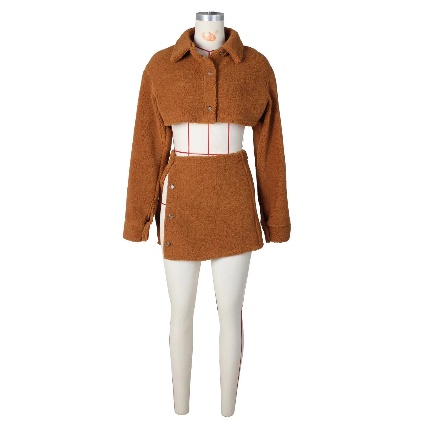G0635 2024 Fleece Crop Top Two Piece Set Fall Women's Clothing Turndown Collar Tops And Split Skirt Set