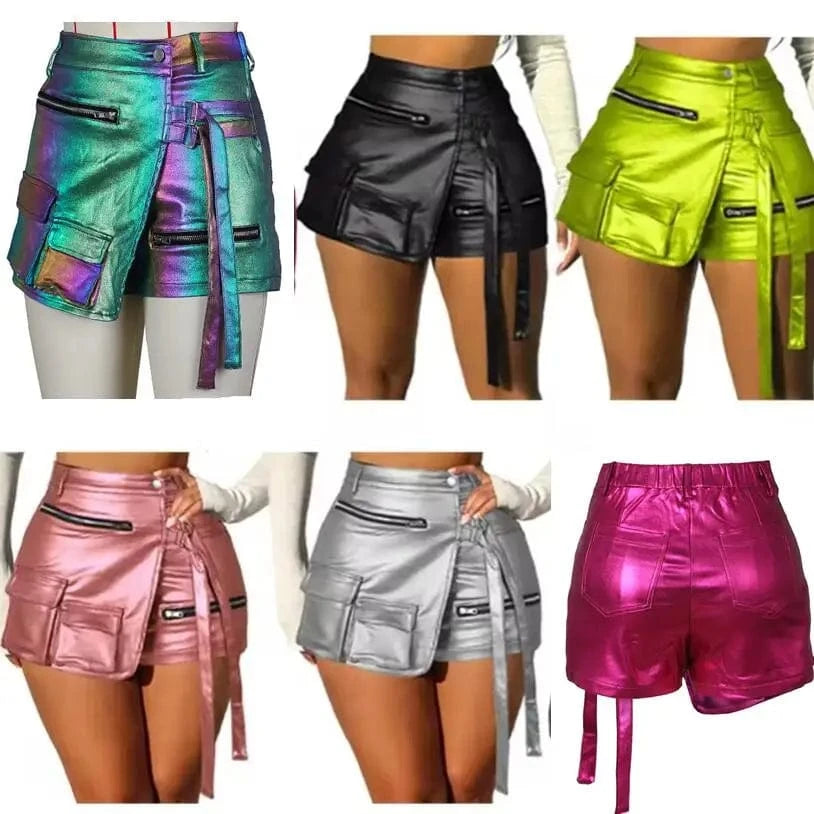 G0659 New collection wholesale 2024 summer girls shorts Mini Shiny PU leather short for women A-line cargo pocket women's shorts