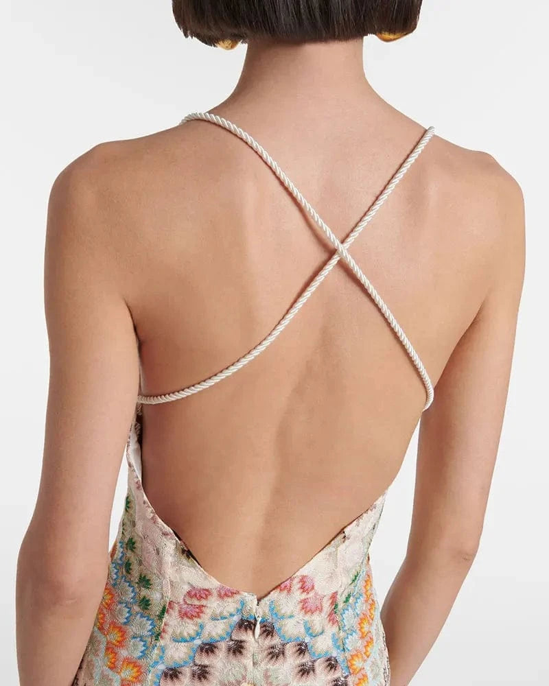 GACVGA Sexy Crochet V Neck Halter Maxi Dress Women New Summer Fashion Sleeveless Backless Slim Knitted Long Dress