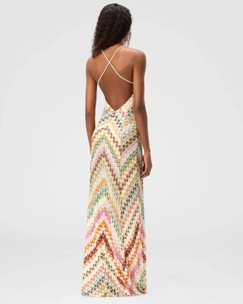 GACVGA Sexy Crochet V Neck Halter Maxi Dress Women New Summer Fashion Sleeveless Backless Slim Knitted Long Dress
