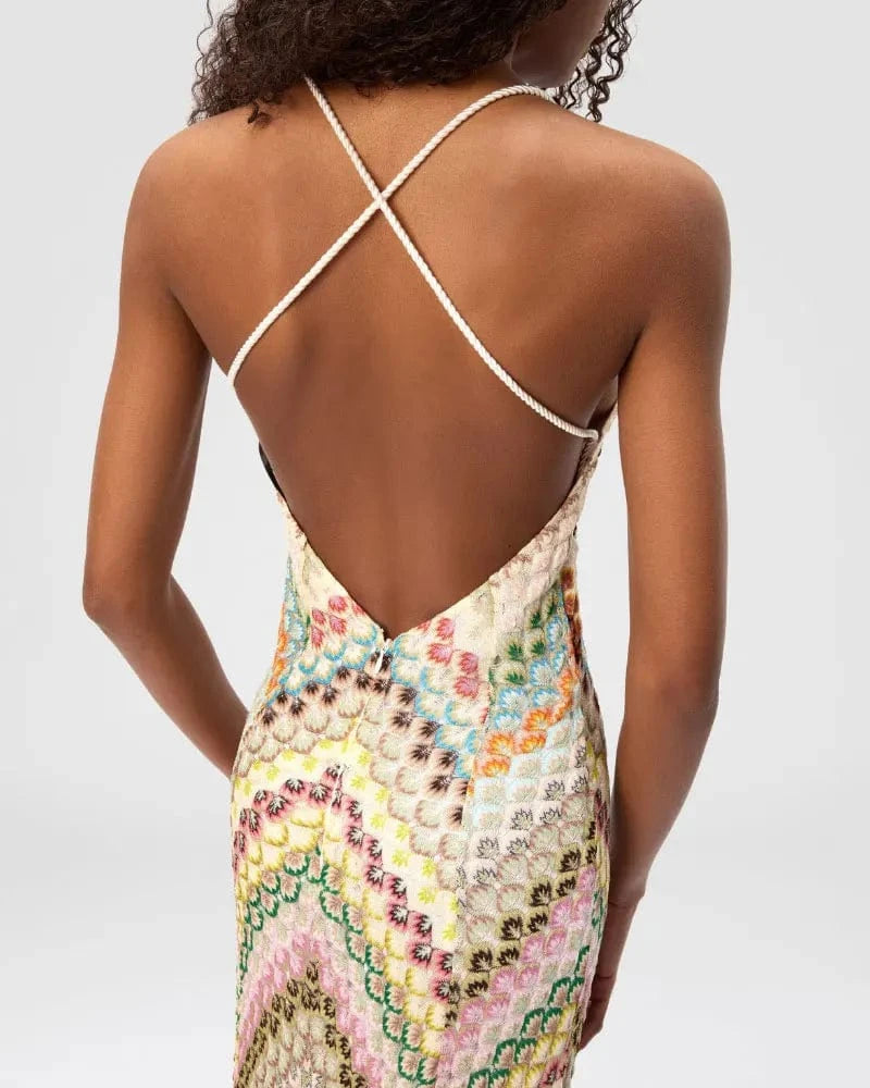 GACVGA Sexy Crochet V Neck Halter Maxi Dress Women New Summer Fashion Sleeveless Backless Slim Knitted Long Dress