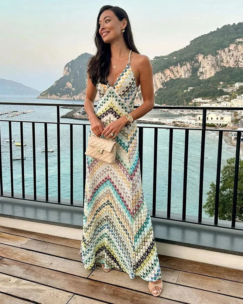 GACVGA Sexy Crochet V Neck Halter Maxi Dress Women New Summer Fashion Sleeveless Backless Slim Knitted Long Dress