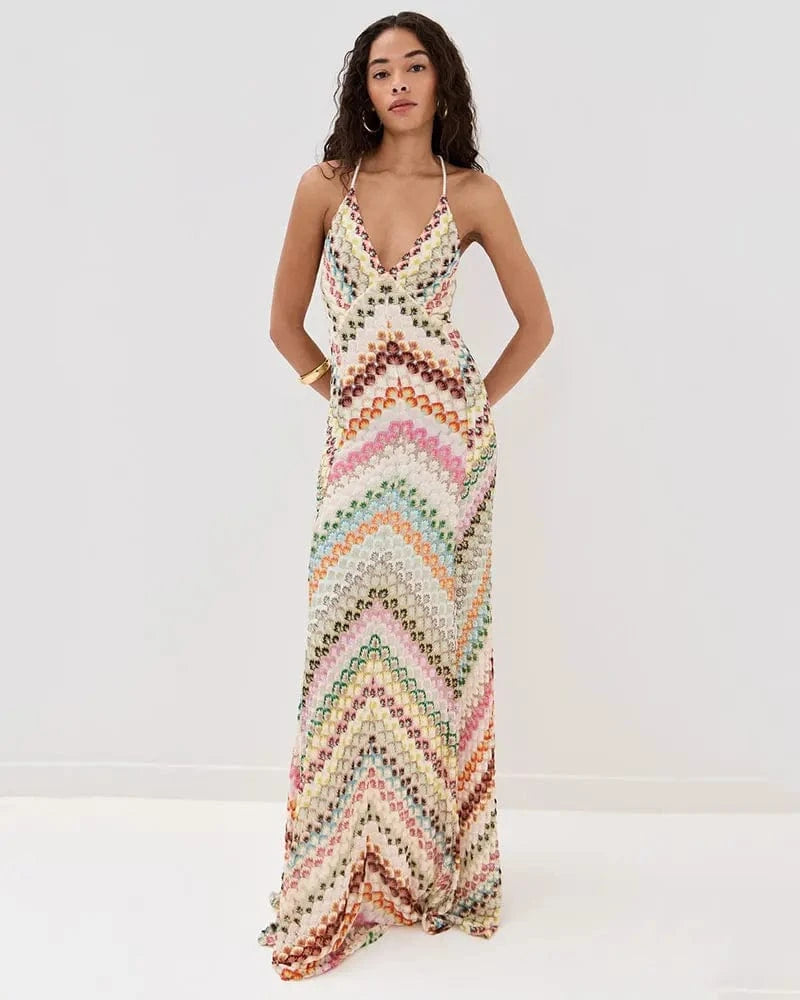 GACVGA Sexy Crochet V Neck Halter Maxi Dress Women New Summer Fashion Sleeveless Backless Slim Knitted Long Dress