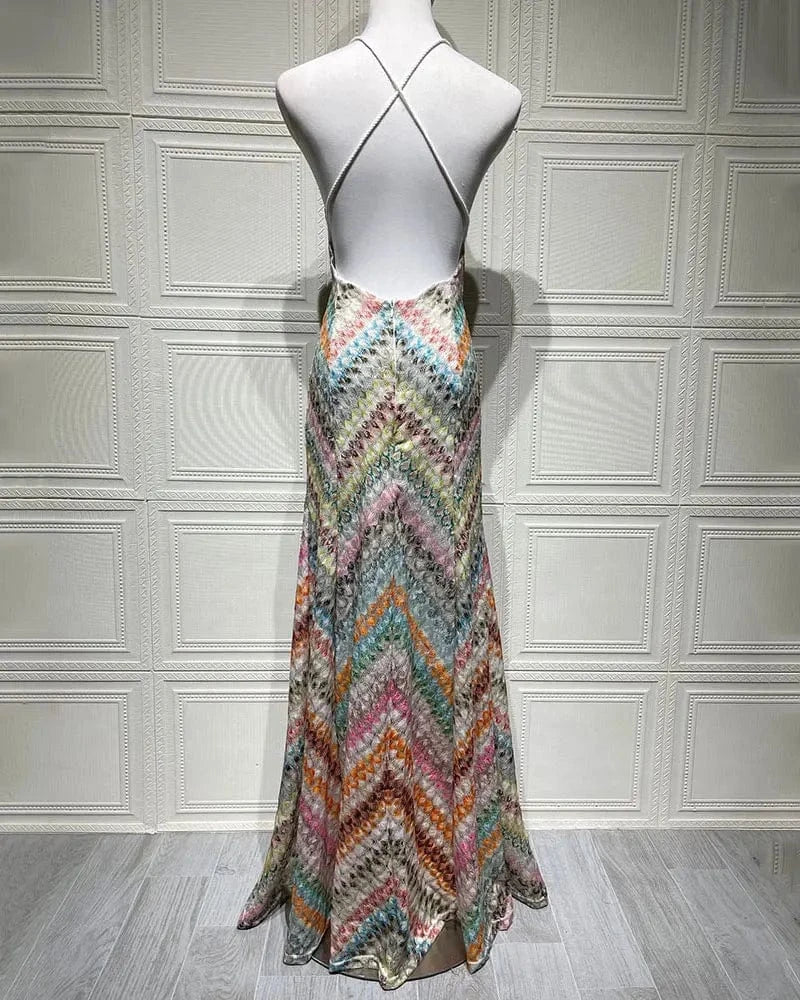 GACVGA Sexy Crochet V Neck Halter Maxi Dress Women New Summer Fashion Sleeveless Backless Slim Knitted Long Dress