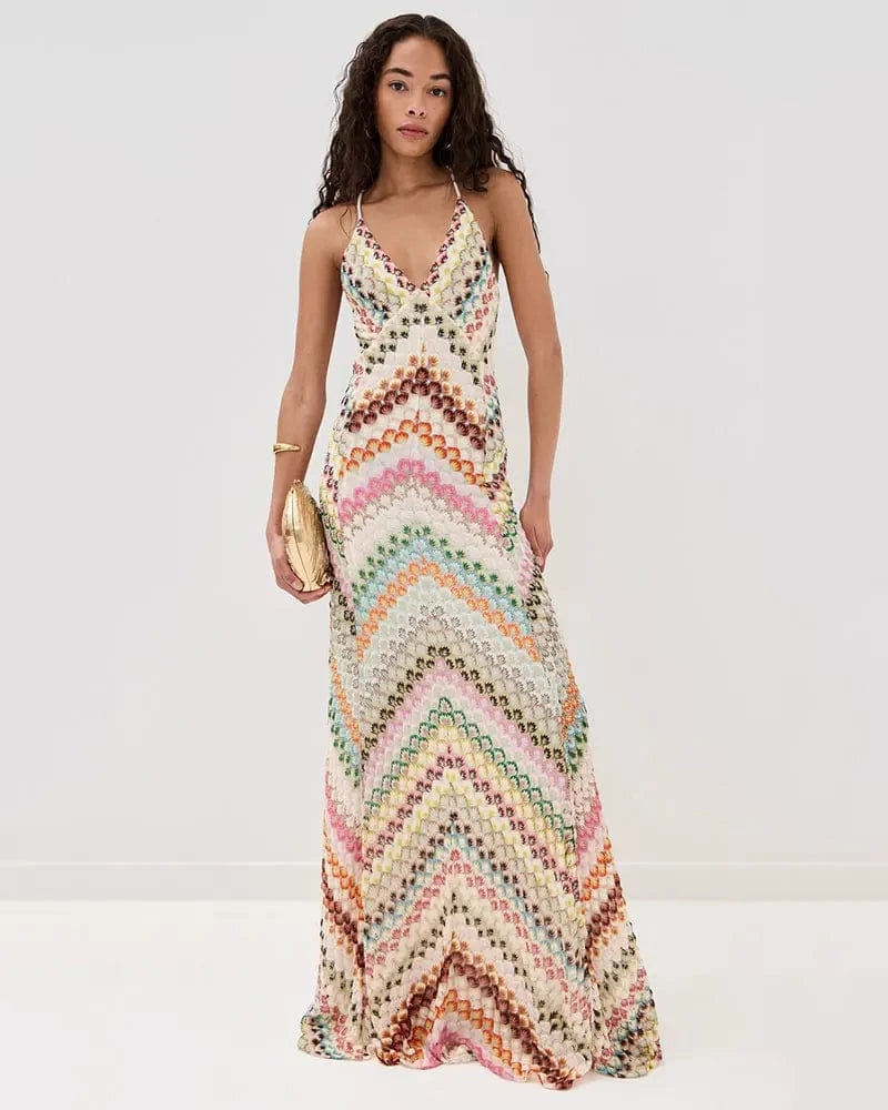 GACVGA Sexy Crochet V Neck Halter Maxi Dress Women New Summer Fashion Sleeveless Backless Slim Knitted Long Dress