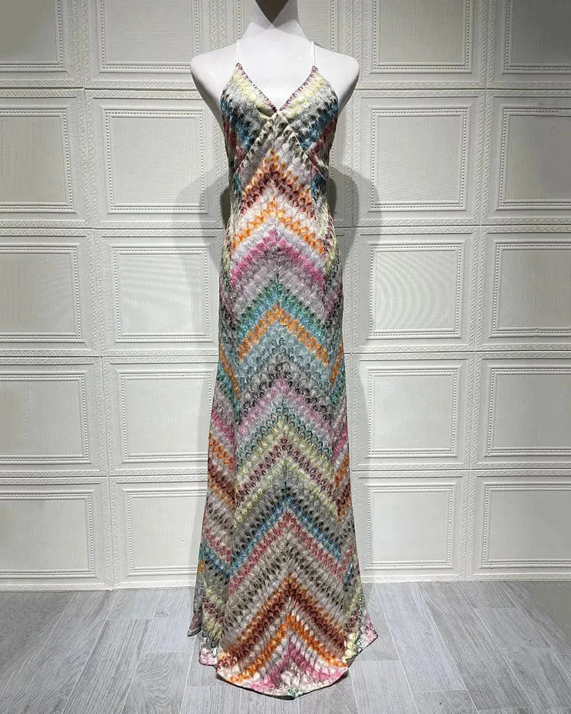 GACVGA Sexy Crochet V Neck Halter Maxi Dress Women New Summer Fashion Sleeveless Backless Slim Knitted Long Dress