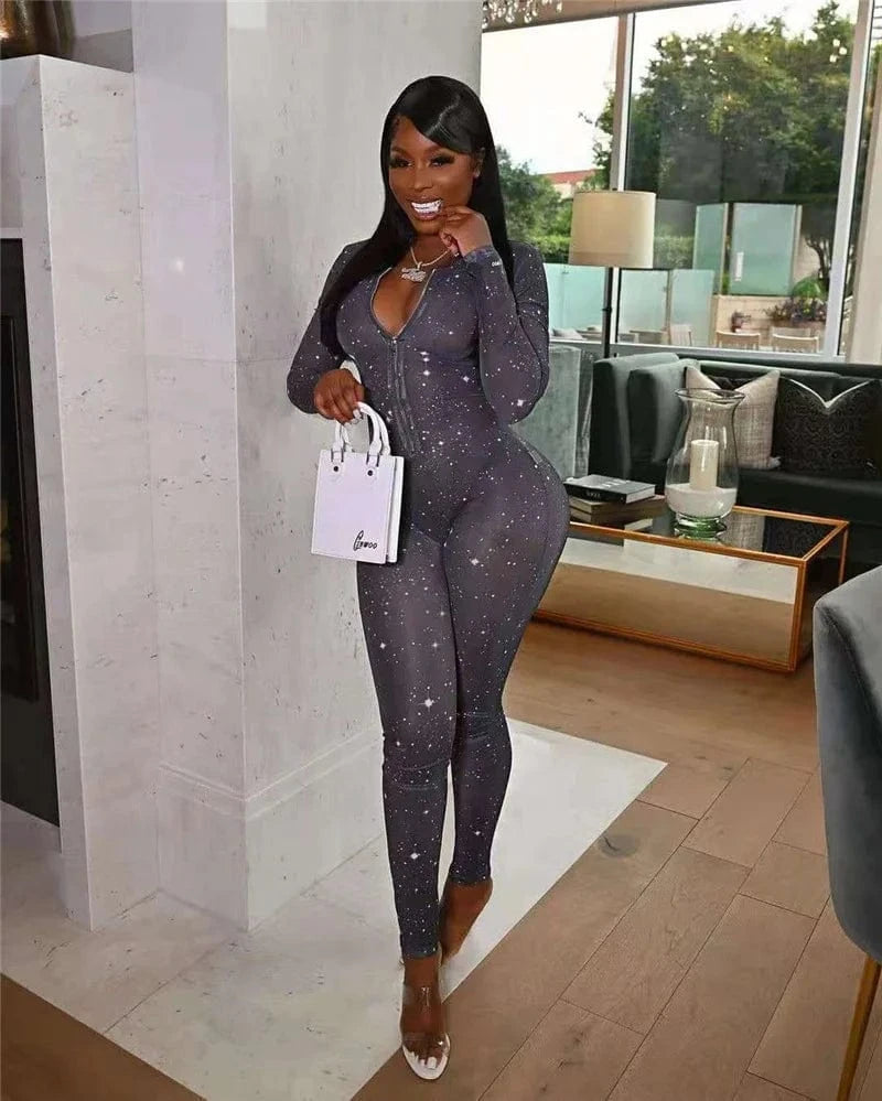 Galaxy Print Mesh Sheer Jumpsuit Women Overalls Front Zipper V-neck Bodycon Rompers Sexy Midnight Clubwear One Piece Outfits