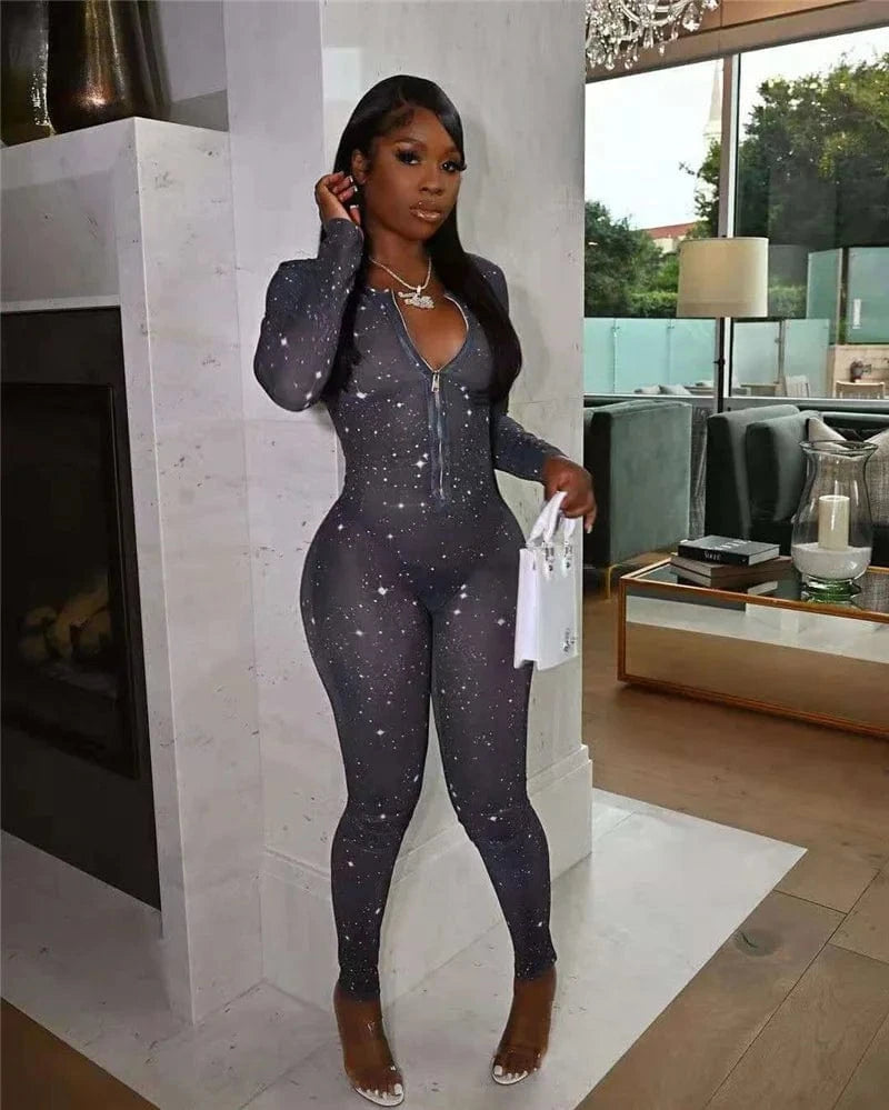 Galaxy Print Mesh Sheer Jumpsuit Women Overalls Front Zipper V-neck Bodycon Rompers Sexy Midnight Clubwear One Piece Outfits