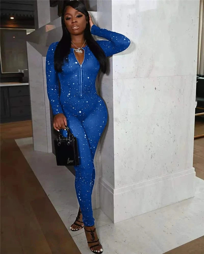 Galaxy Print Mesh Sheer Jumpsuit Women Overalls Front Zipper V-neck Bodycon Rompers Sexy Midnight Clubwear One Piece Outfits