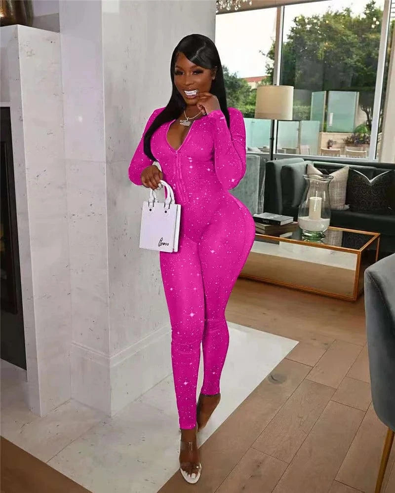 Galaxy Print Mesh Sheer Jumpsuit Women Overalls Front Zipper V-neck Bodycon Rompers Sexy Midnight Clubwear One Piece Outfits