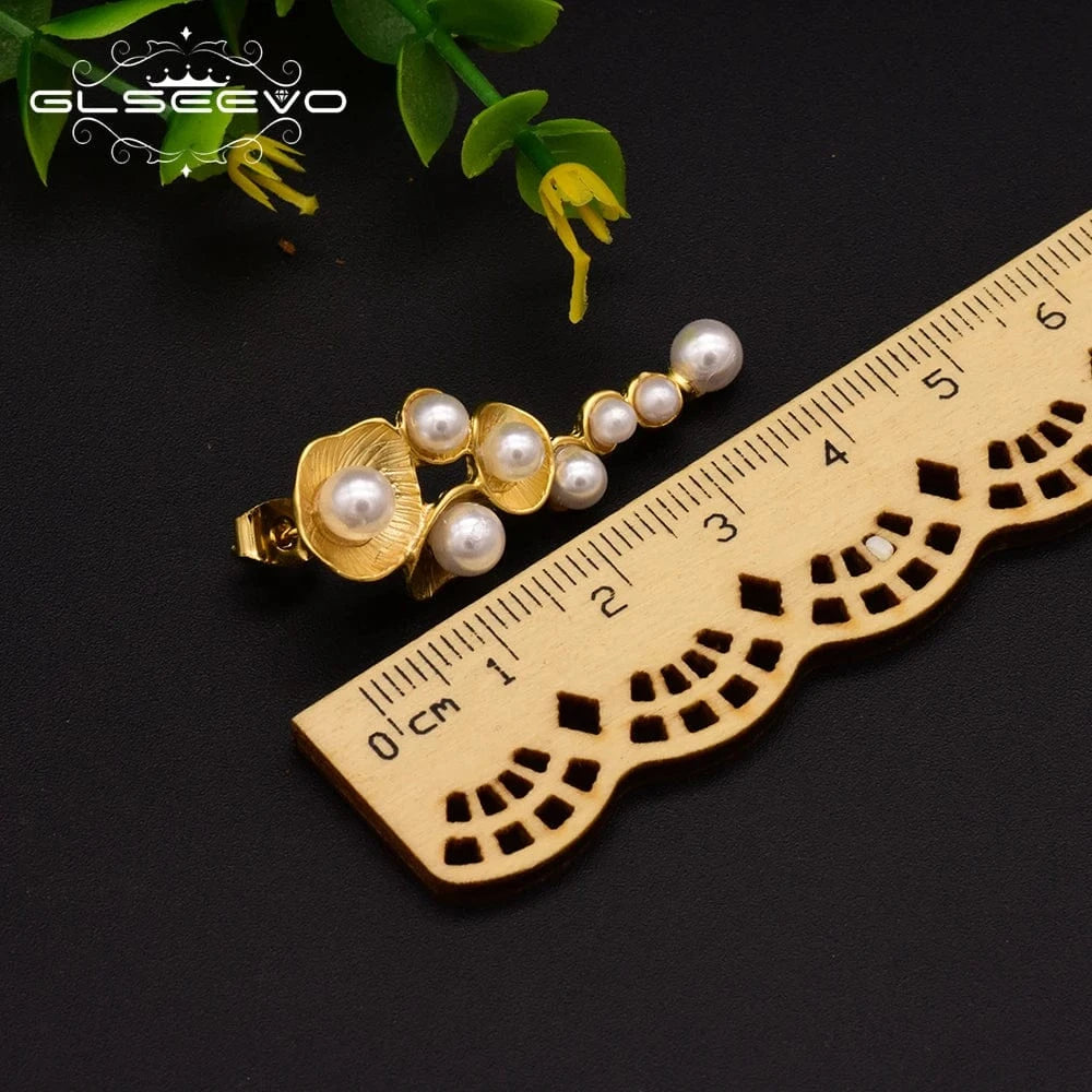 GE0330 Natural freshwater white tassel pearl Drop Earrings plant dangle earring for women gold plated wedding fashion indian jewelry