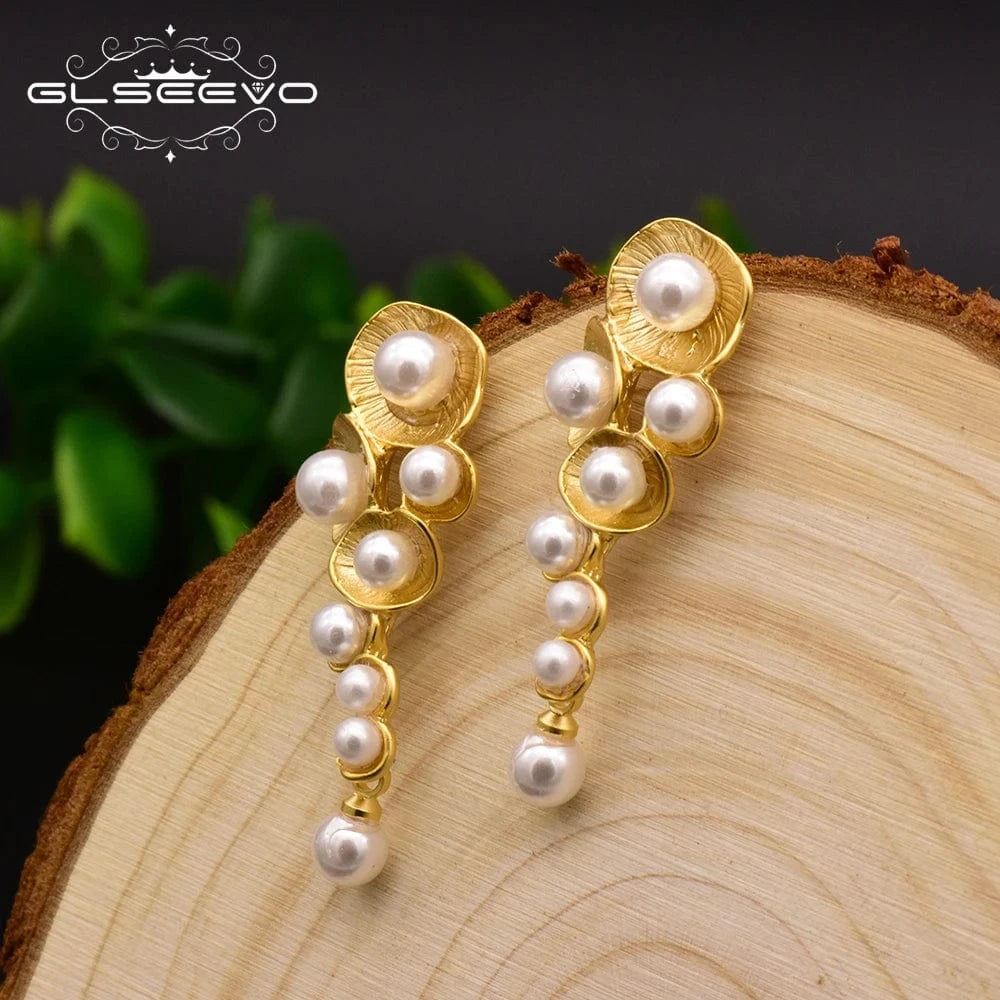 GE0330 Natural freshwater white tassel pearl Drop Earrings plant dangle earring for women gold plated wedding fashion indian jewelry