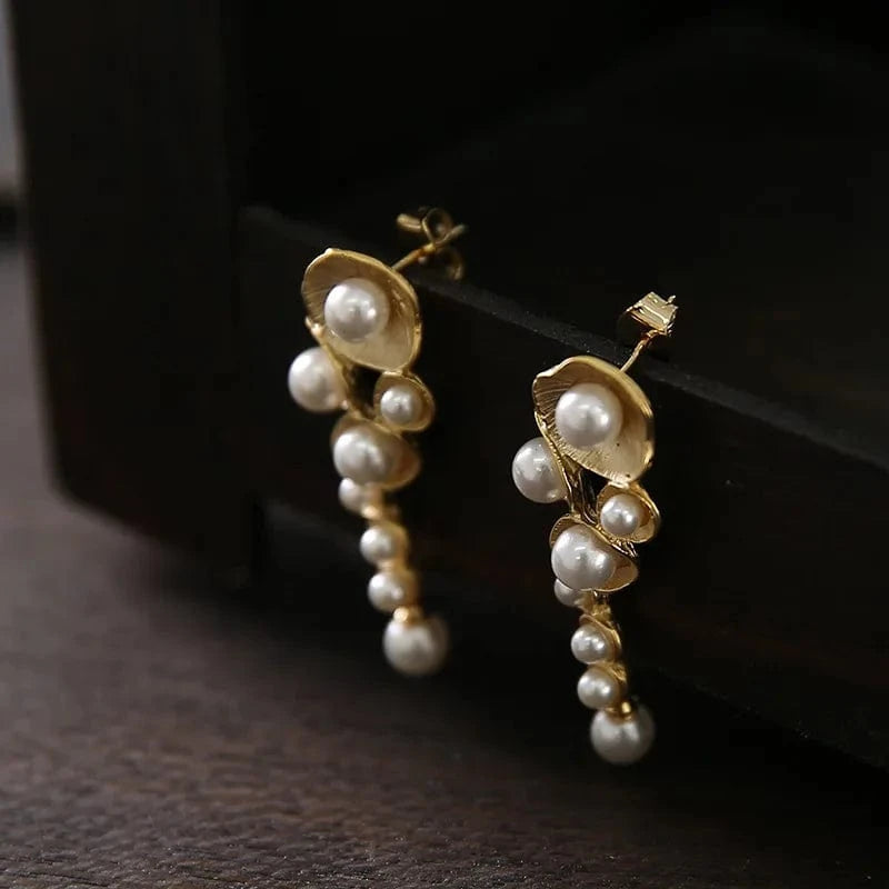 GE0330 Natural freshwater white tassel pearl Drop Earrings plant dangle earring for women gold plated wedding fashion indian jewelry