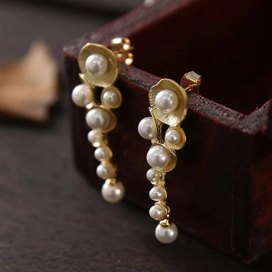 GE0330 Natural freshwater white tassel pearl Drop Earrings plant dangle earring for women gold plated wedding fashion indian jewelry