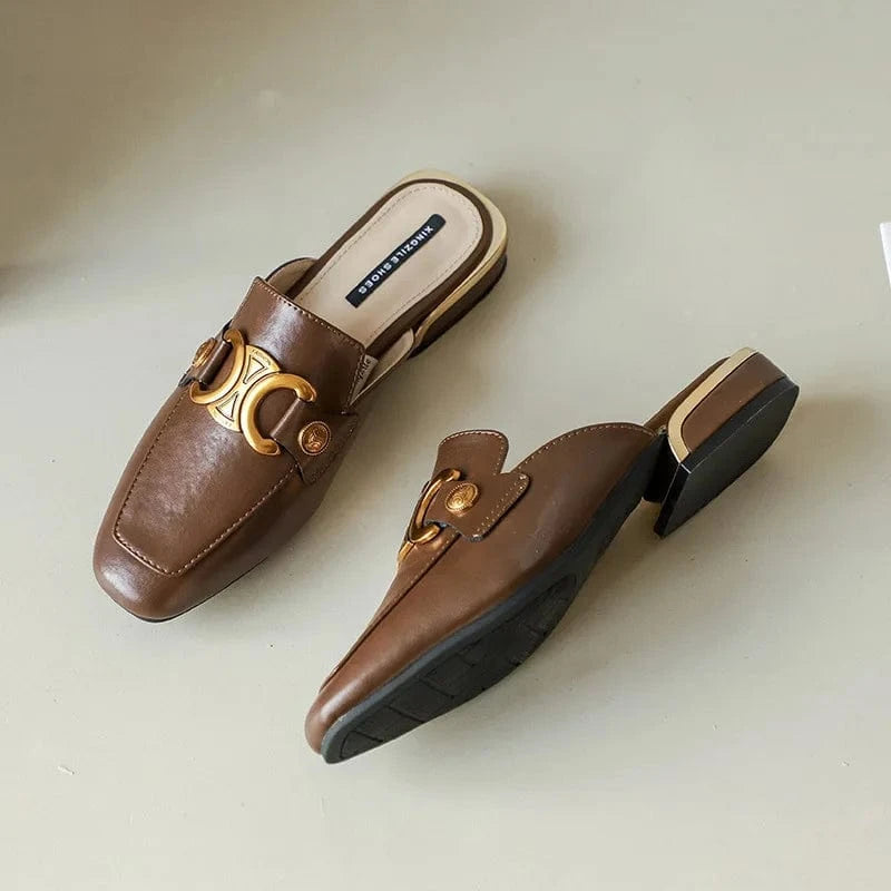 Genuine Leather Mule Shoes Square-toe Buckle Women Block Heel Outside Sandal Slippers