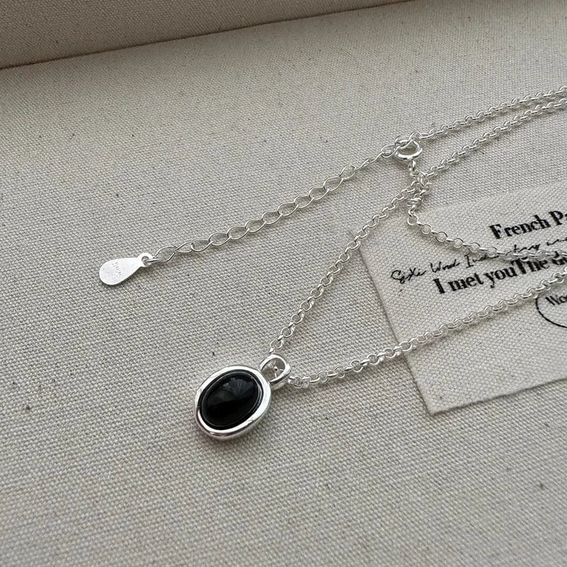 Geometric 925 Sterling Silver Black White Agate Round Pendant Necklaces For Women Christmas Gifts Jewelry