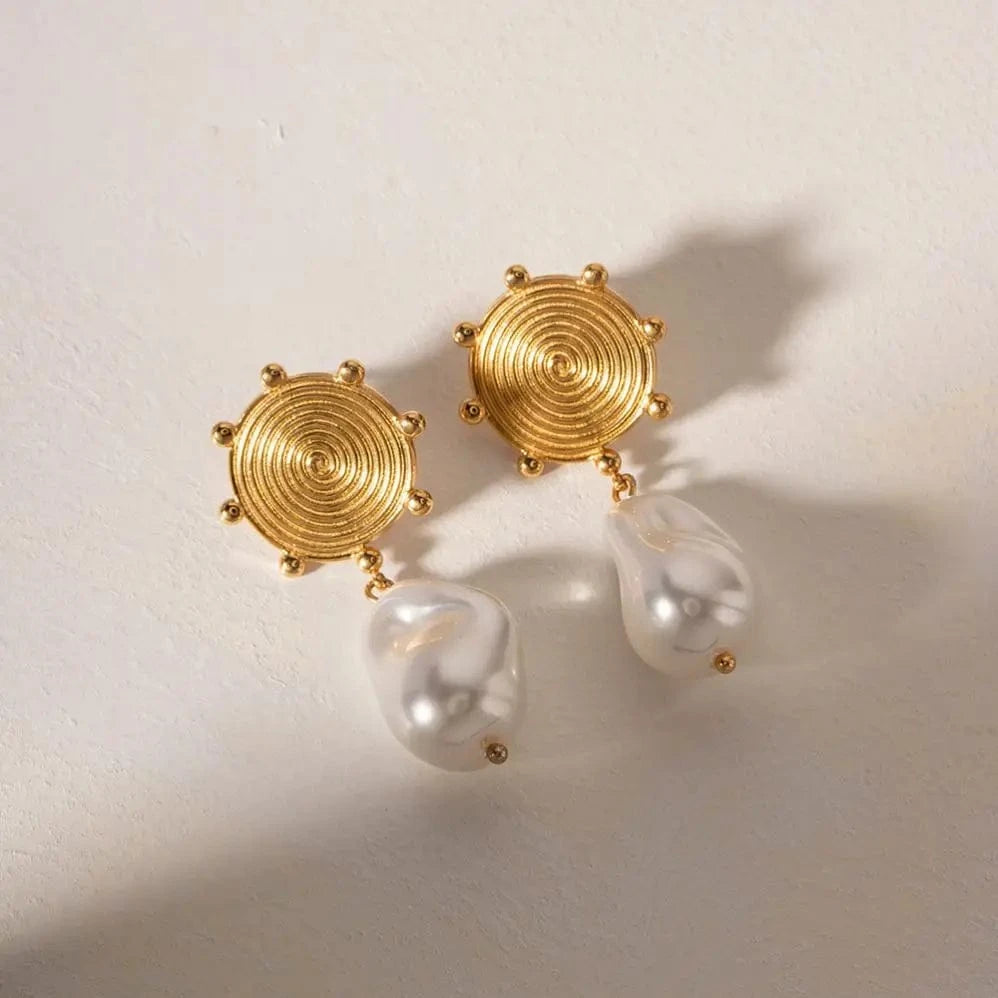 geometric / E2006 E2006 Jewelry Stainless Steel Female Mosquito Texture Spiral Disk Baroque Pearl Drop Earring for Girls