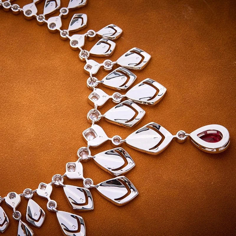 Geometry / 18inches / Platinum Luxury 18K Copper Plated Gold Diamond Red White Zircon Necklace Set Geometric Fan Jewelry for Women-for Wedding Banquets Gifts