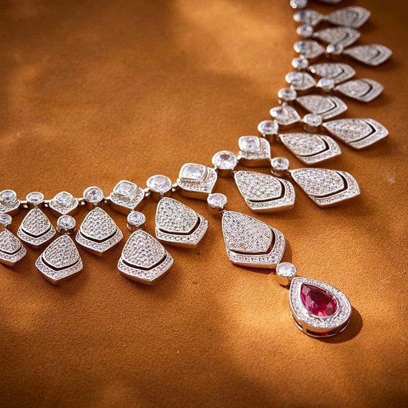 Geometry / 18inches / Platinum Luxury 18K Copper Plated Gold Diamond Red White Zircon Necklace Set Geometric Fan Jewelry for Women-for Wedding Banquets Gifts