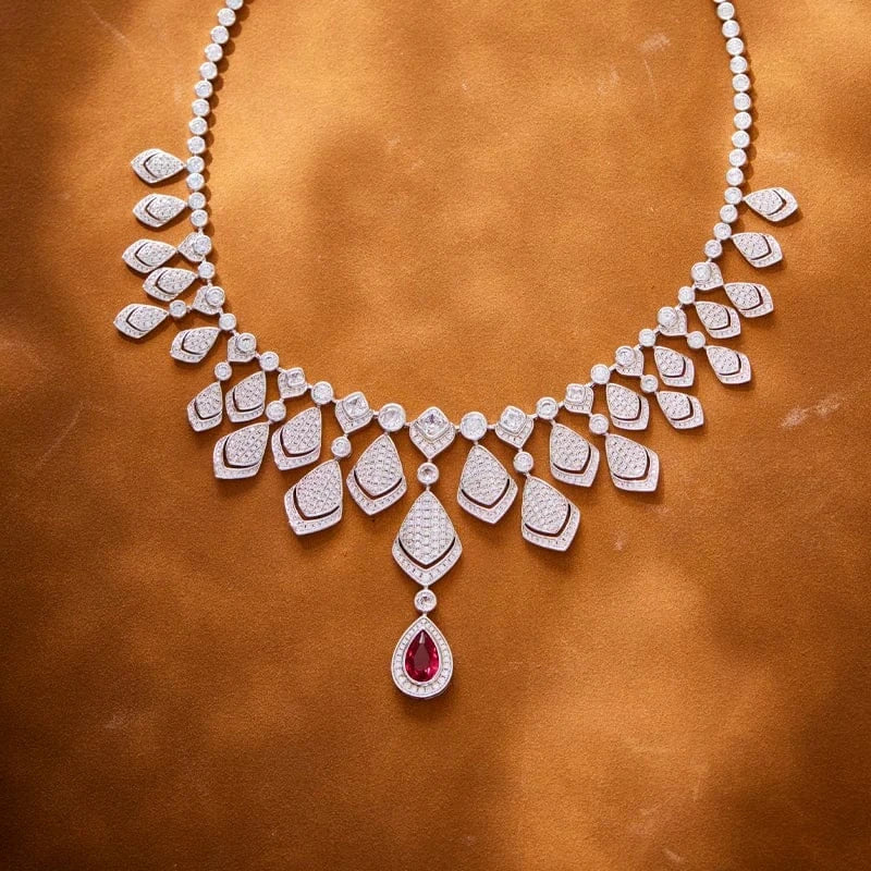 Geometry / 18inches / Platinum Luxury 18K Copper Plated Gold Diamond Red White Zircon Necklace Set Geometric Fan Jewelry for Women-for Wedding Banquets Gifts