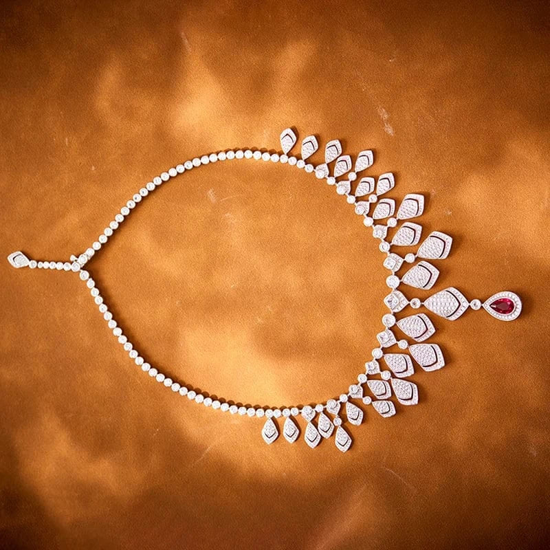 Geometry / 18inches / Platinum Luxury 18K Copper Plated Gold Diamond Red White Zircon Necklace Set Geometric Fan Jewelry for Women-for Wedding Banquets Gifts