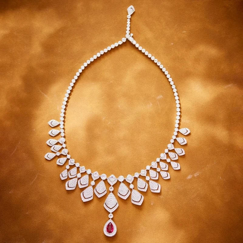 Geometry / 18inches / Platinum Luxury 18K Copper Plated Gold Diamond Red White Zircon Necklace Set Geometric Fan Jewelry for Women-for Wedding Banquets Gifts
