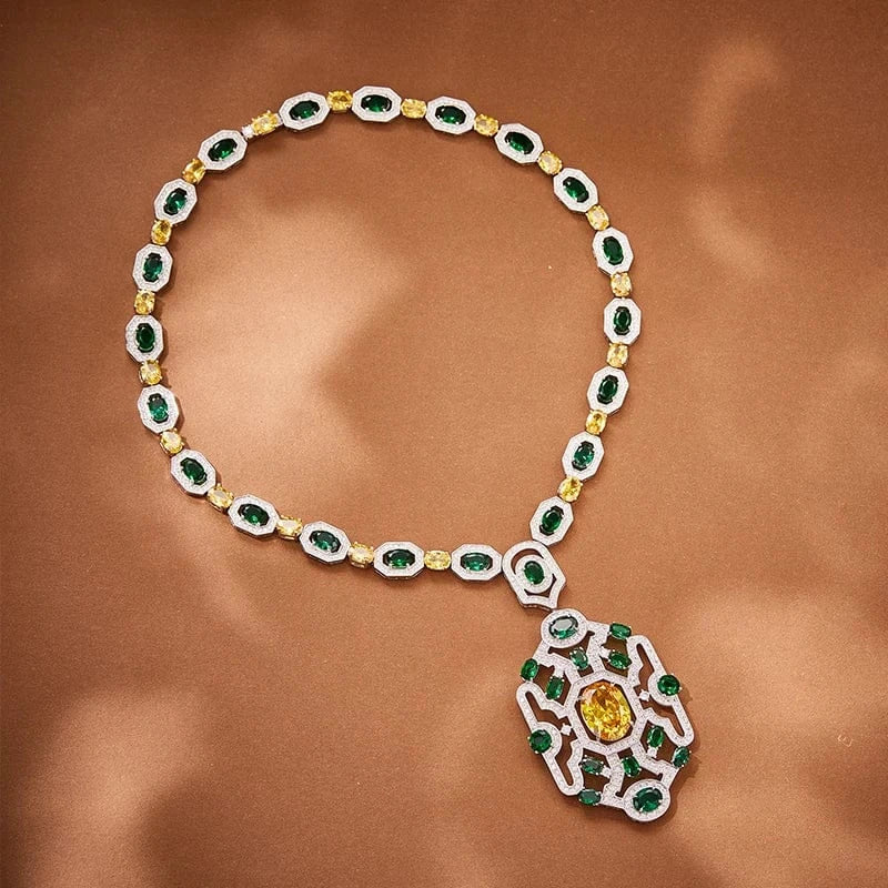 Geometry / necklace Factory wholesale brass plated 18K gold green women's necklaces, earrings, jewelry sets