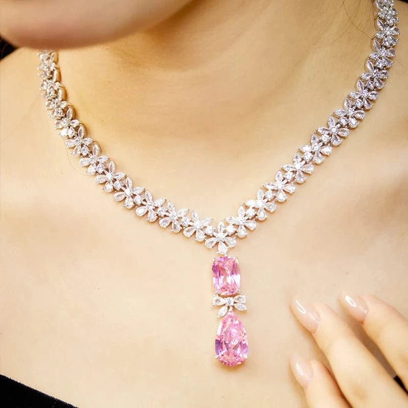 Geometry / Pink necklace 18k copper gold-plated zircon fashionable champagne gold exquisite necklace earrings set, dress accessories, gift jewelry