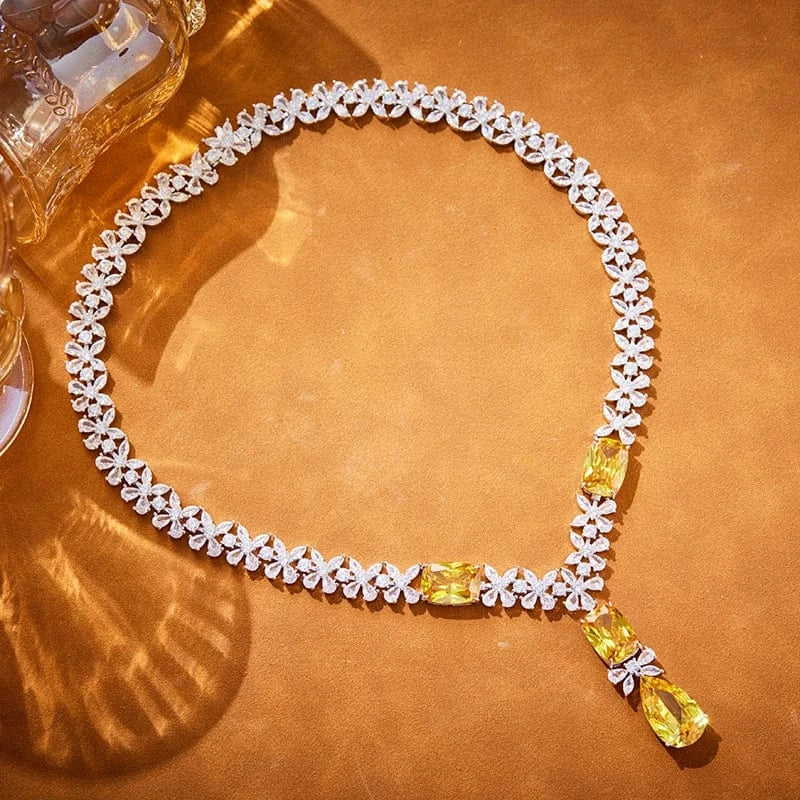 Geometry / yellow necklace 18k copper gold-plated zircon fashionable champagne gold exquisite necklace earrings set, dress accessories, gift jewelry