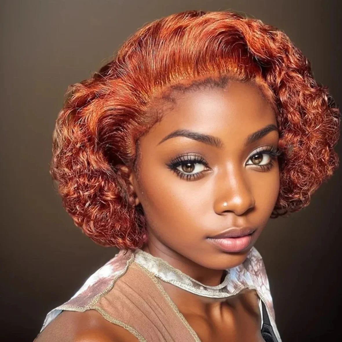 Ginger / CHINA / 8inches|180%|13x1 Ginger Pixie Cut Wigs Human Hair Short Curly Lace Front Human Hair Wigs Colored Water Wave Bob Wig 13x1 Transparent Lace Wigs