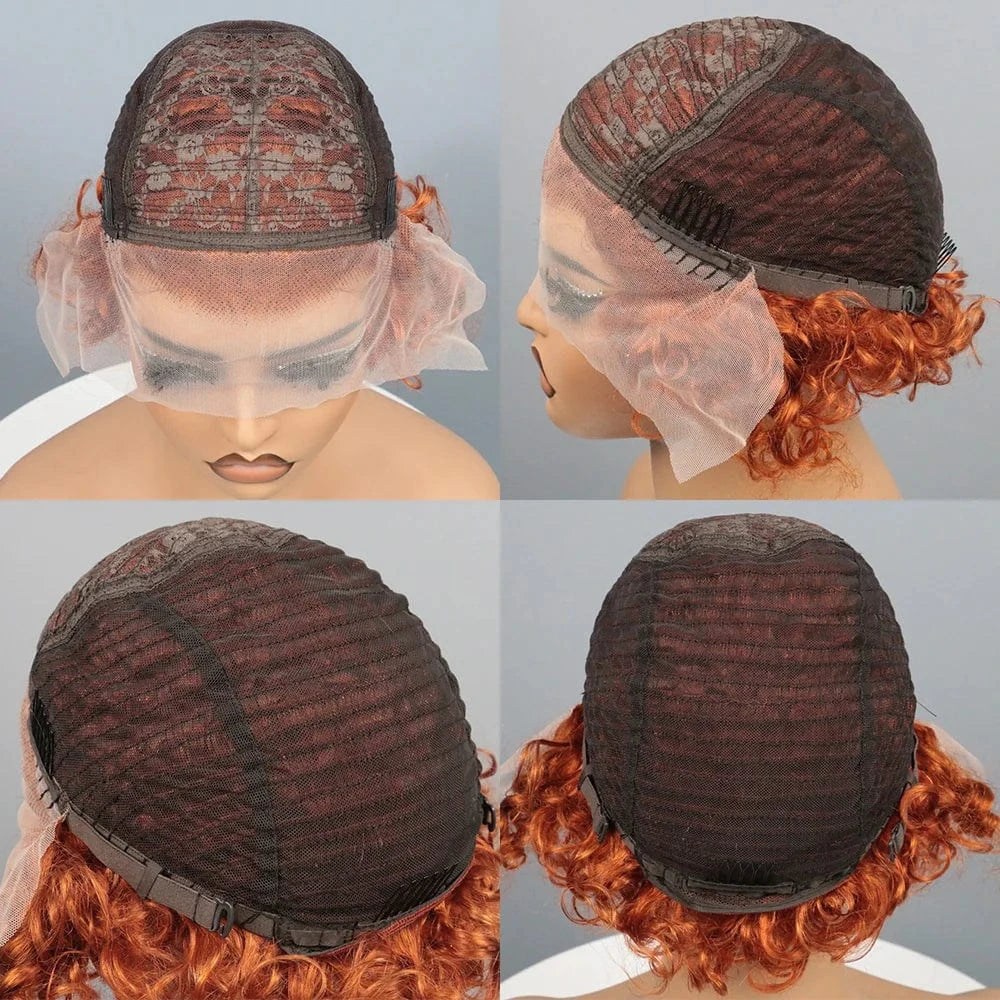 Ginger Pixie Cut Wigs Human Hair Short Curly Lace Front Human Hair Wigs Colored Water Wave Bob Wig 13x1 Transparent Lace Wigs