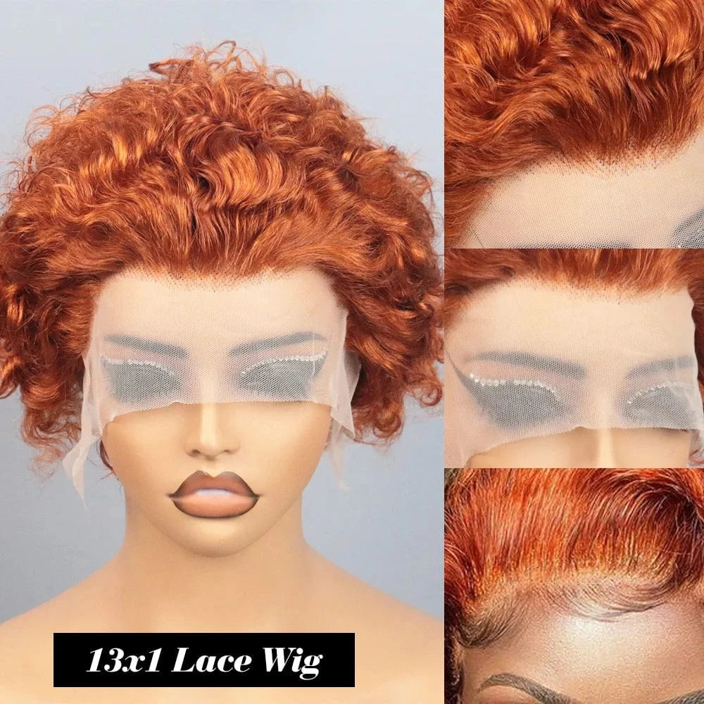 Ginger Pixie Cut Wigs Human Hair Short Curly Lace Front Human Hair Wigs Colored Water Wave Bob Wig 13x1 Transparent Lace Wigs
