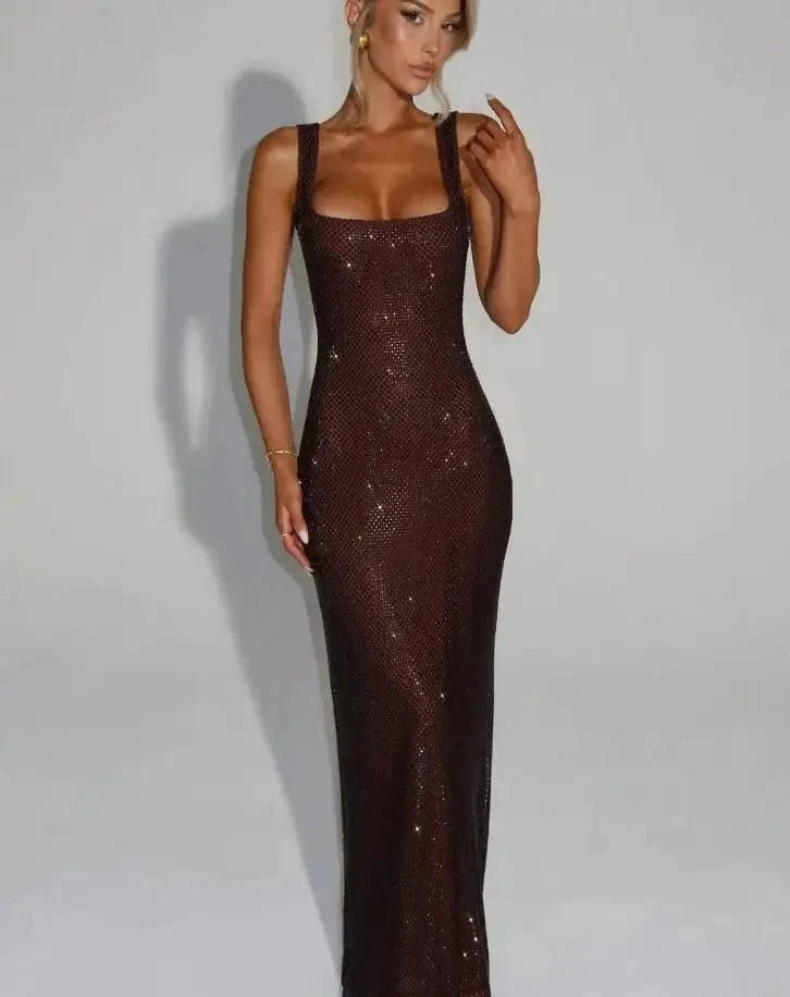 Giyu Sexy Sequined Mesh Diamond Club Evening Party Dresses Women 2025 Summer Autumn Sleeveless Backless Bodycon Maxi Long Dress