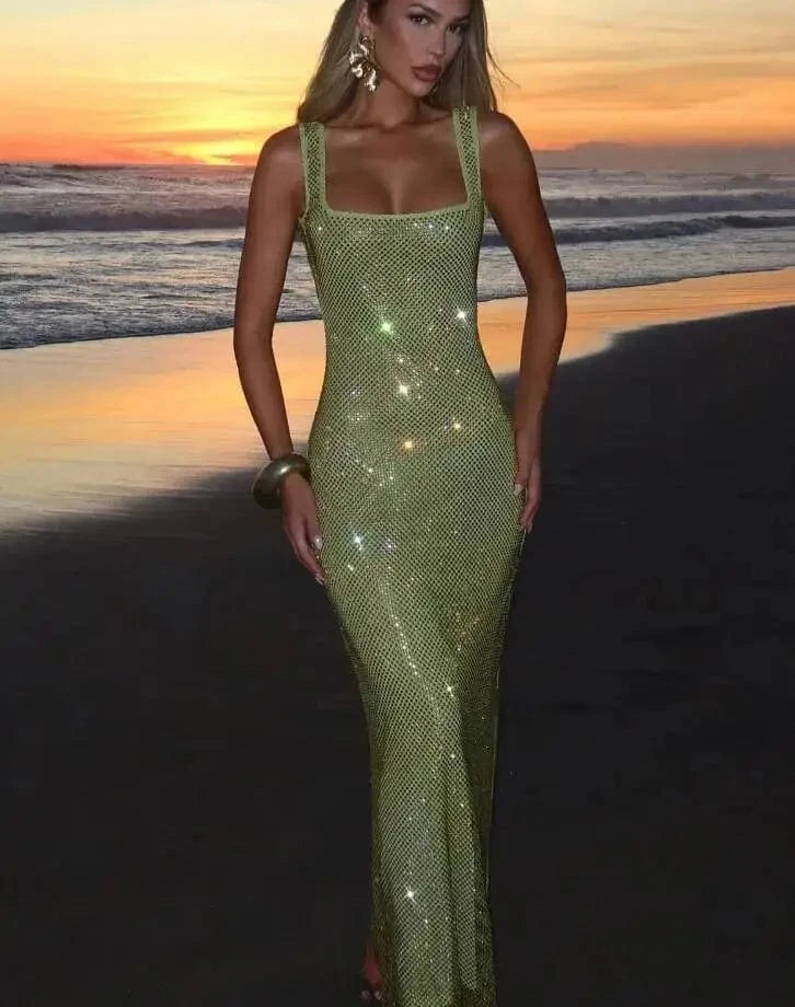 Giyu Sexy Sequined Mesh Diamond Club Evening Party Dresses Women 2025 Summer Autumn Sleeveless Backless Bodycon Maxi Long Dress