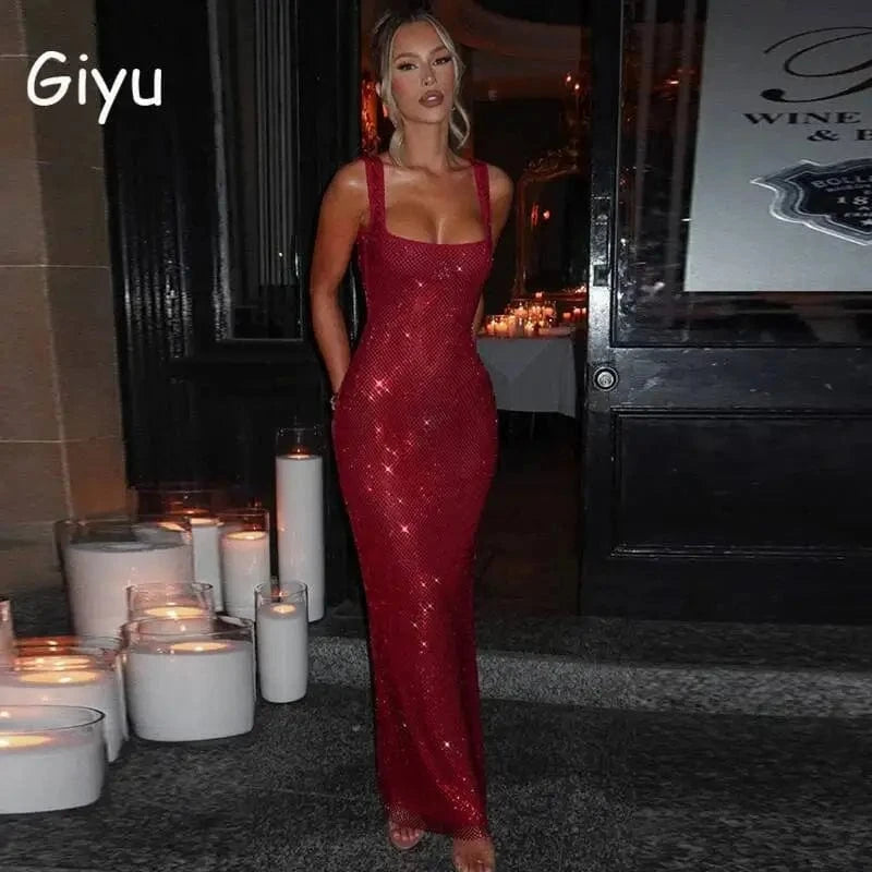 Giyu Sexy Sequined Mesh Diamond Club Evening Party Dresses Women 2025 Summer Autumn Sleeveless Backless Bodycon Maxi Long Dress