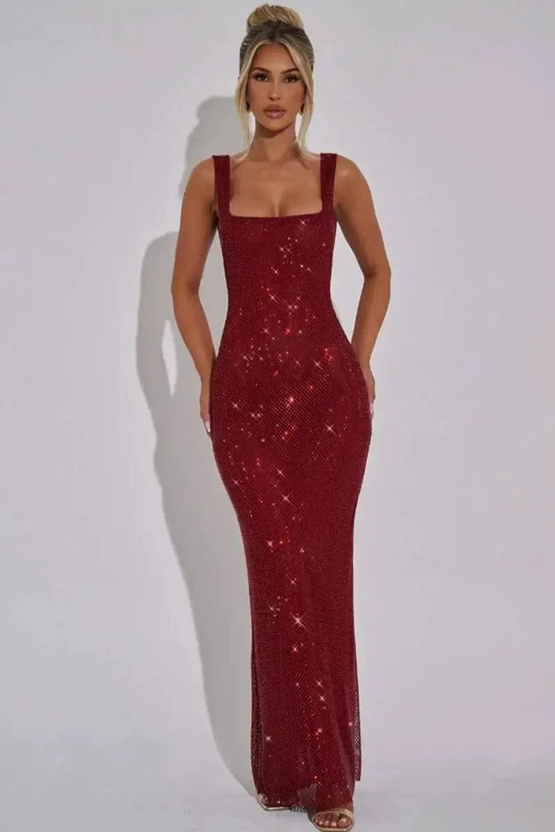 Giyu Sexy Sequined Mesh Diamond Club Evening Party Dresses Women 2025 Summer Autumn Sleeveless Backless Bodycon Maxi Long Dress