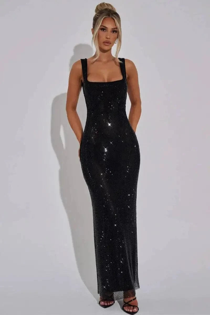 Giyu Sexy Sequined Mesh Diamond Club Evening Party Dresses Women 2025 Summer Autumn Sleeveless Backless Bodycon Maxi Long Dress