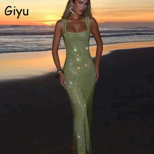 Giyu Sexy Sequined Mesh Diamond Club Evening Party Dresses Women 2025 Summer Autumn Sleeveless Backless Bodycon Maxi Long Dress