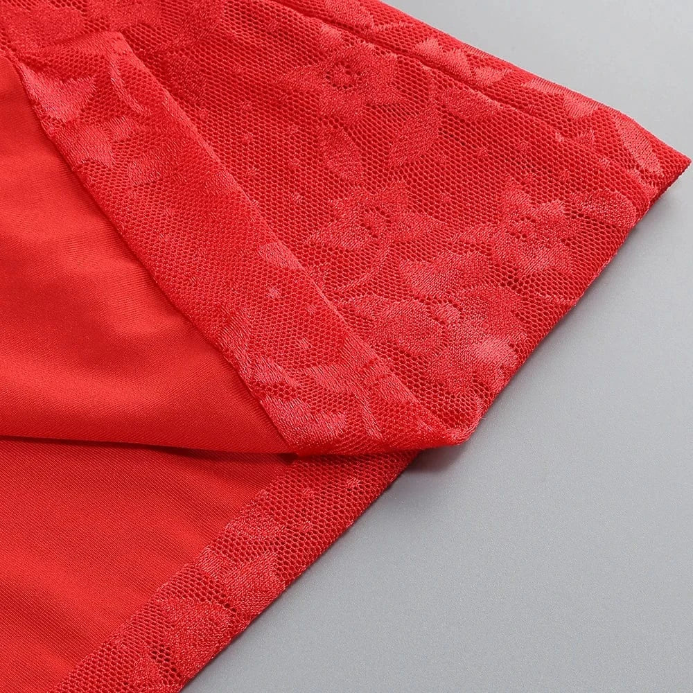 Glamorous Women's Red Strapless Retro Style Maxi Dress with Lace Chiffon Scarf Embellishment Bodycon Fit for Party Evening Event