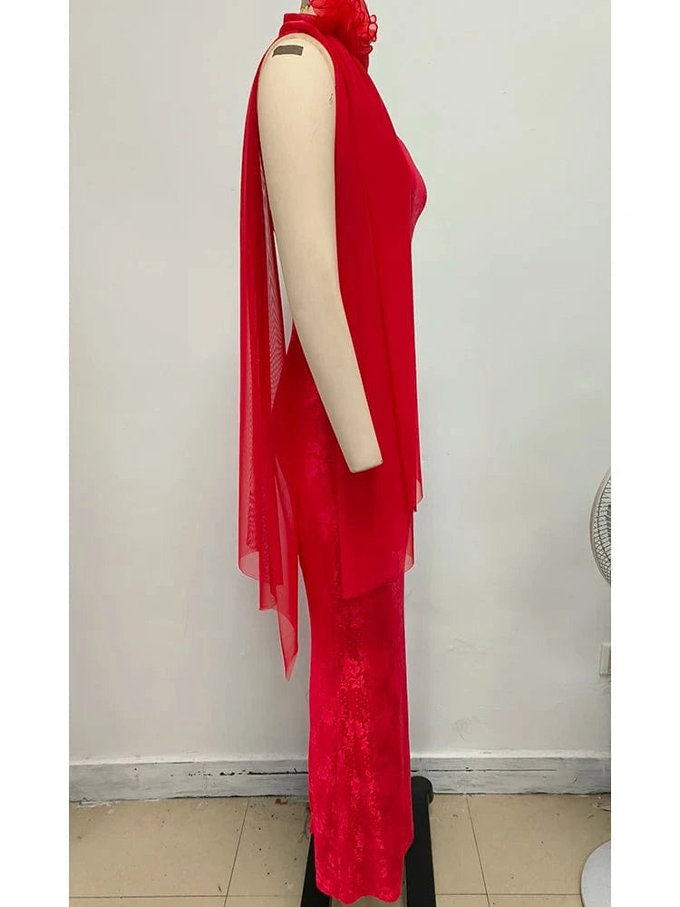 Glamorous Women's Red Strapless Retro Style Maxi Dress with Lace Chiffon Scarf Embellishment Bodycon Fit for Party Evening Event